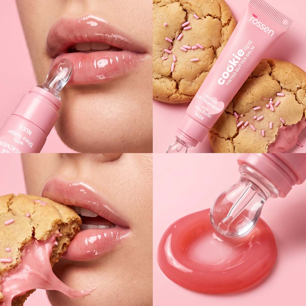 Collage showing pink lip gloss being applied, a pink Cookie Lips balm tube beside cookies with pink sprinkles on a pink background, promoting a lip care product.