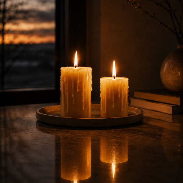 Handcrafted CocoBee dripped beeswax pillar candles on a neutral background