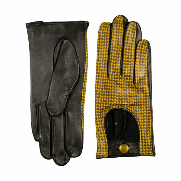 Luxury women's yellow-black gloves with a houndstooth pattern and gold snap