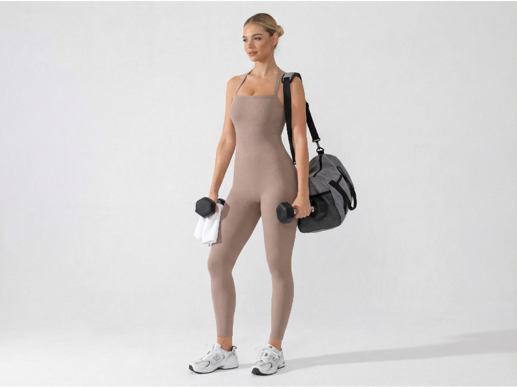 Seamless Sports Jumpsuit with Integrated Bra and Shaping Effect, NUDE Size Other: XS/S