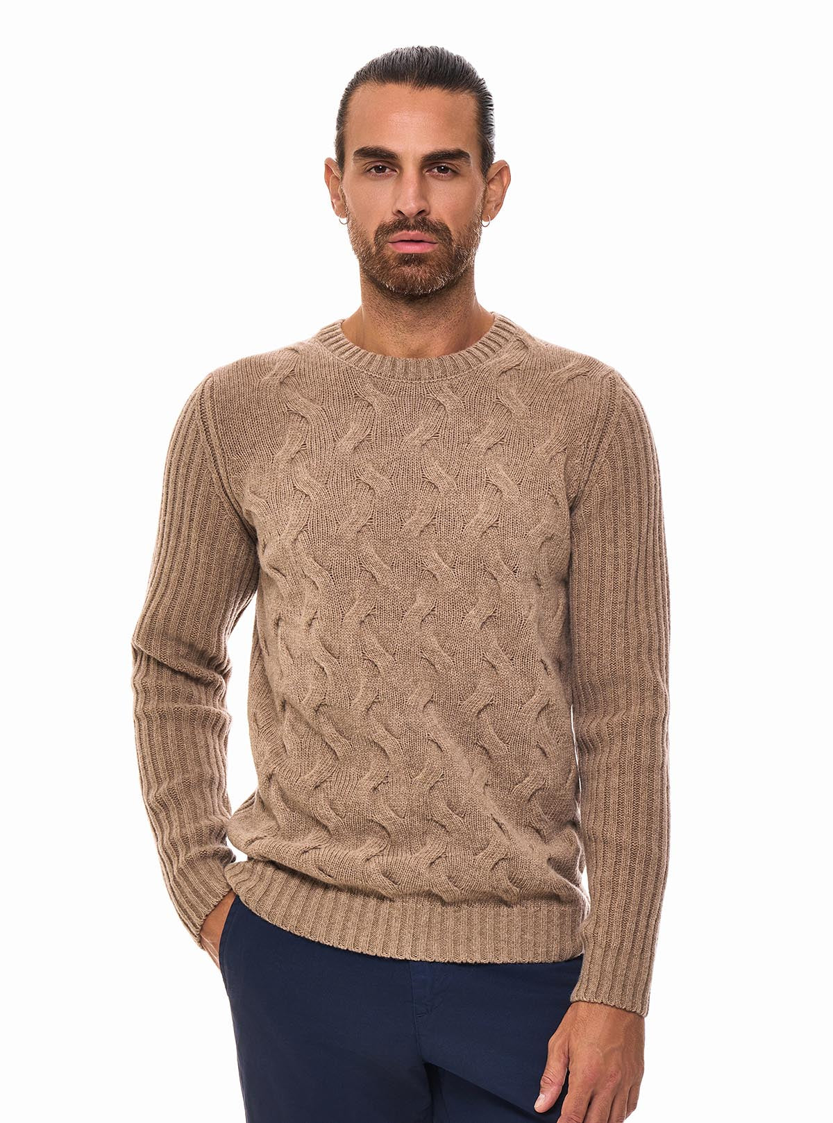 CREW NECK WITH BRAIDS AND RIBBED SLEEVES