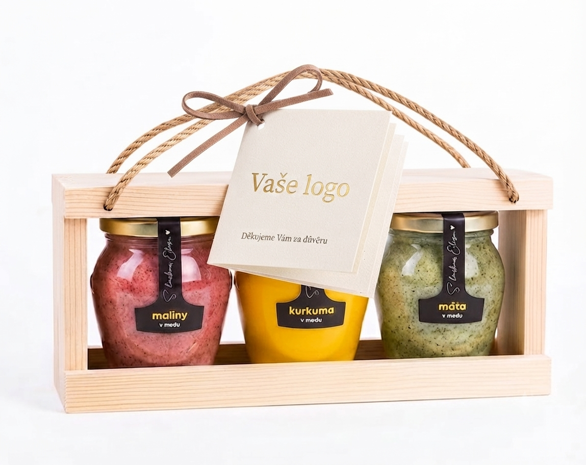 Gifts for Clients: Honey Set in a Wooden Stand – Packaging for Companies