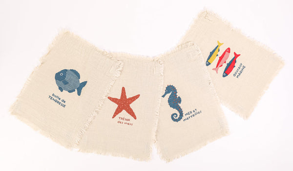 Lot de 4 essuie-mains dessins mer