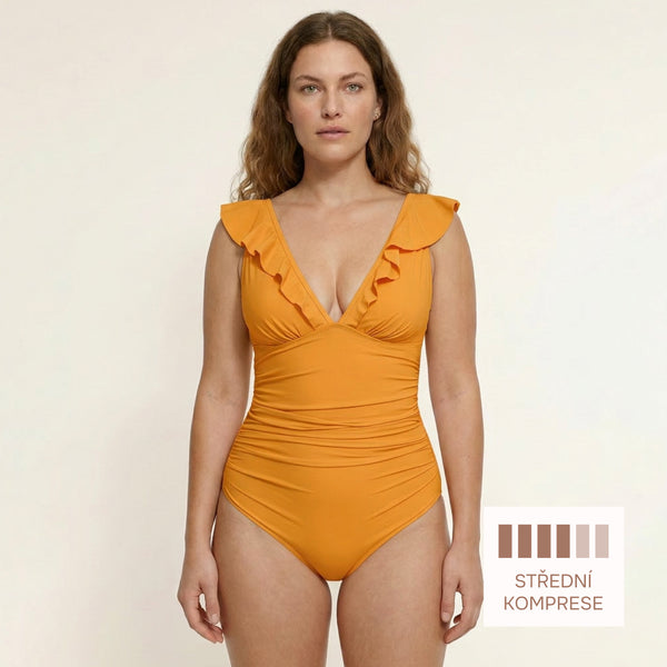 Shaping One-Piece Swimsuit with Ruffles, ORANGE Size: XXL