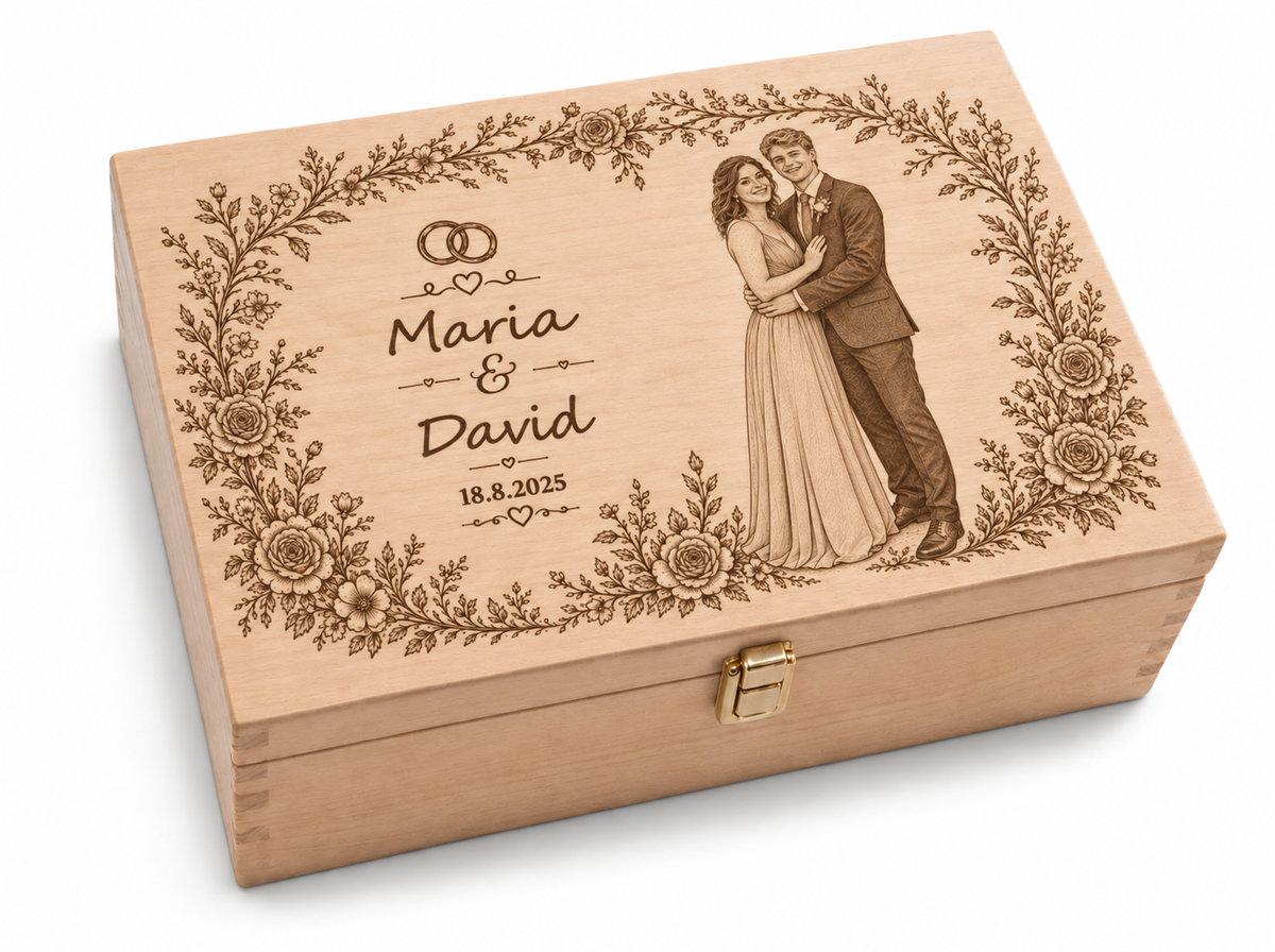 Presente de Casamento – Caixa de Madeira com Foto Gravada e Texto Personalizado
