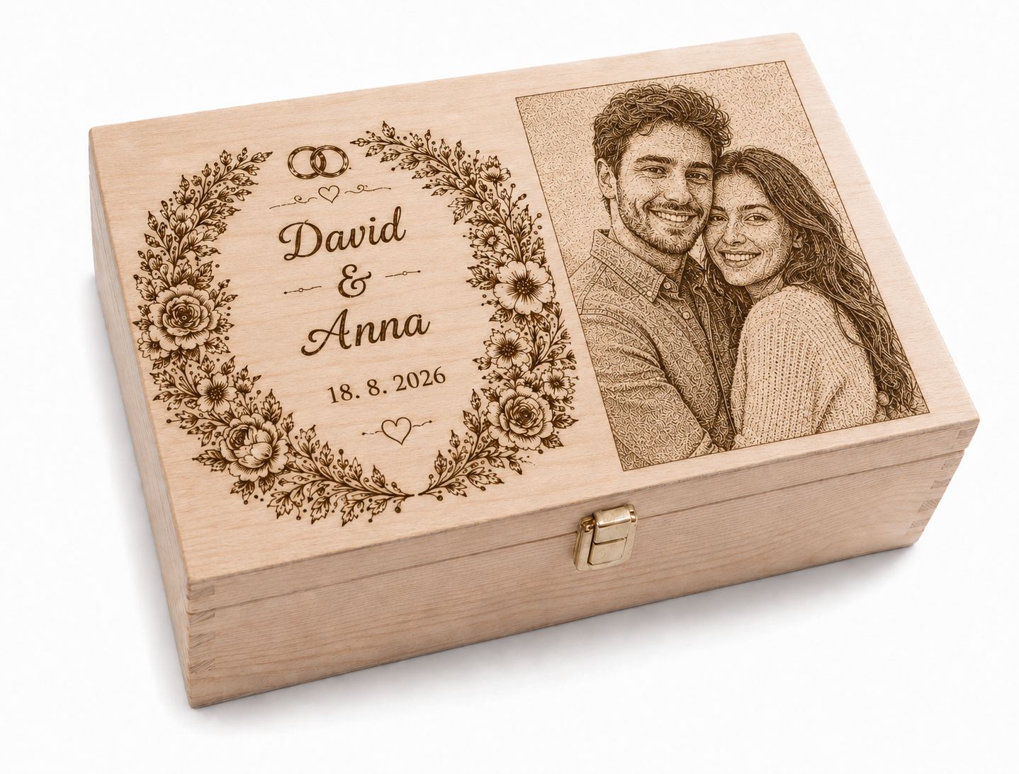 Wedding Gift – Wooden Gift Box with Engraved Photo and Custom Text