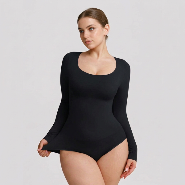 Shaping bodysuit with long sleeves, round neckline, and classic thong cut, BLACK M/L