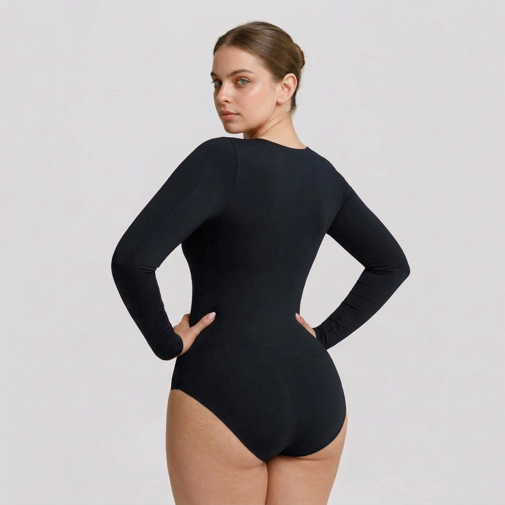 Shaping bodysuit with long sleeves, round neckline, and classic thong cut, BLACK M/L