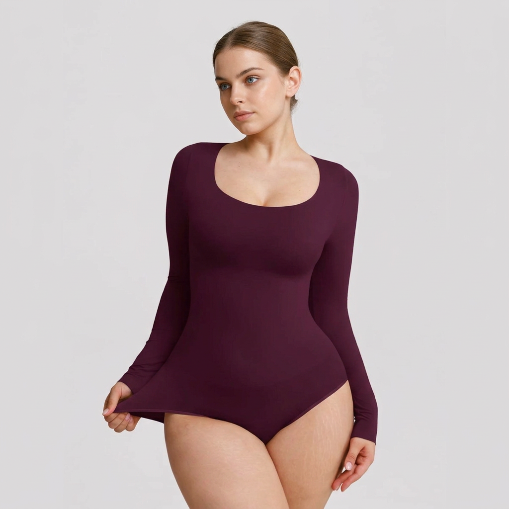 Shaping bodysuit with long sleeves, round neckline, and classic panty cut, BORDEAUX 3XL/4XL