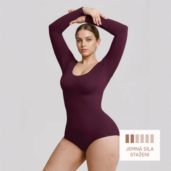 Shaping bodysuit with long sleeves, round neckline, and classic panty cut, BORDEAUX M/L