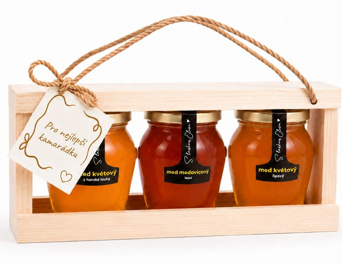 Elisa Honey Gift for a Friend - Set of Honeys in a Wooden Feeder 3× 250 g