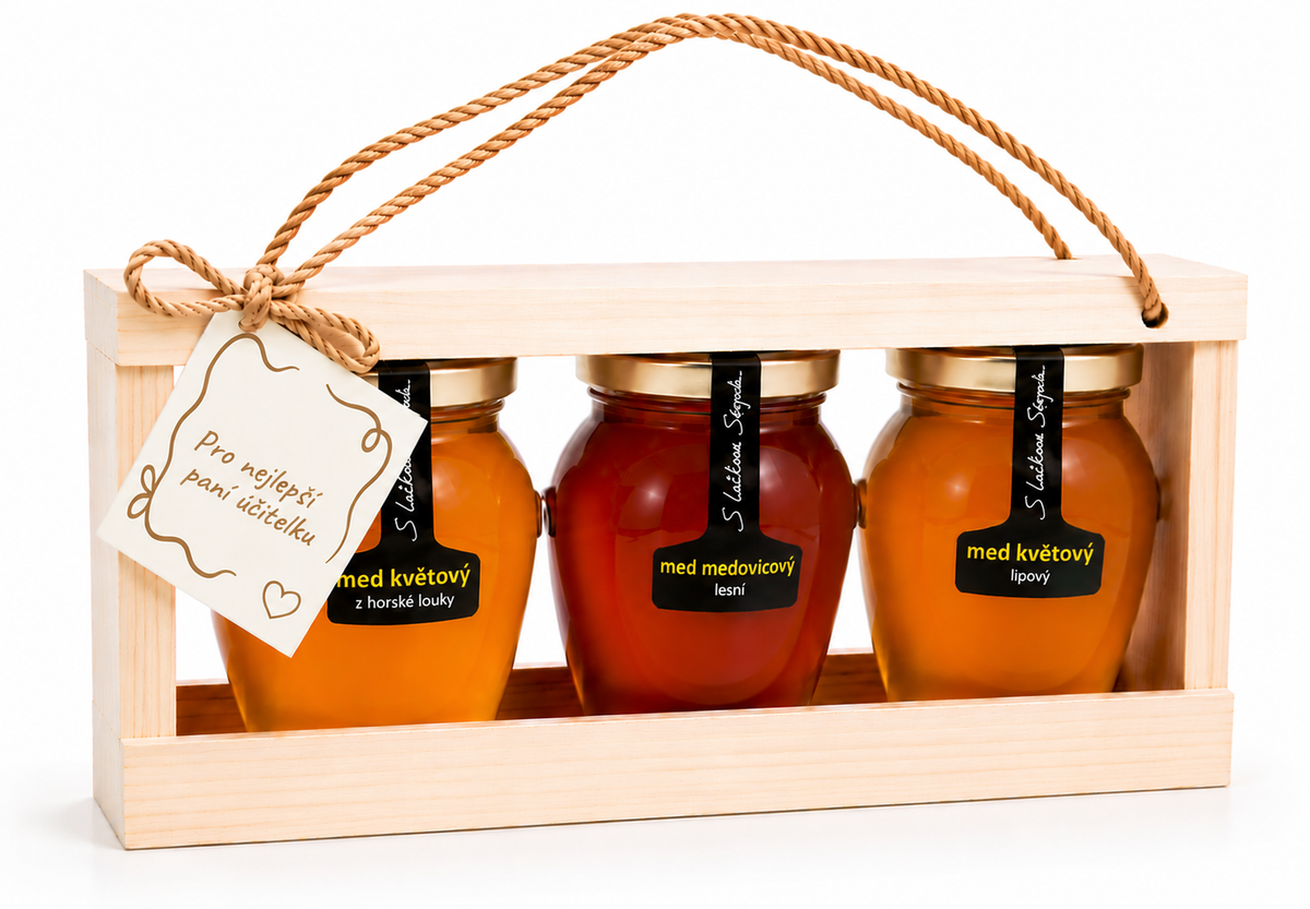 Elisa Honey Gift for Teacher - Set of Honeys in Wooden Feeder 3× 250 g