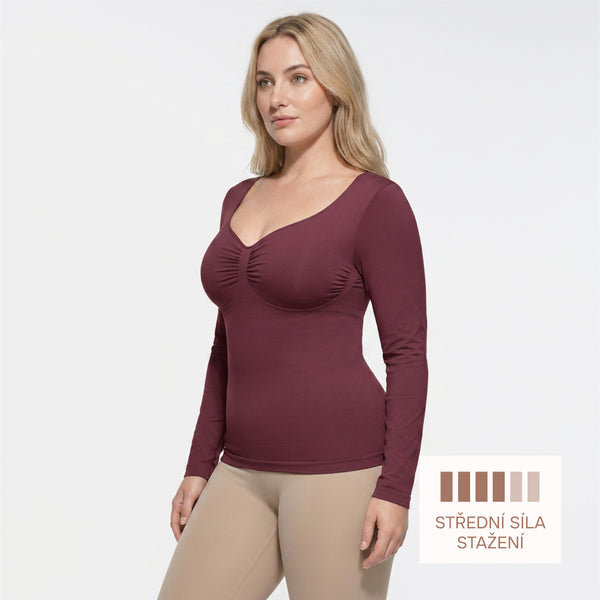 Seamless Shaping Top with Long Sleeves, BURGUNDY 3XL