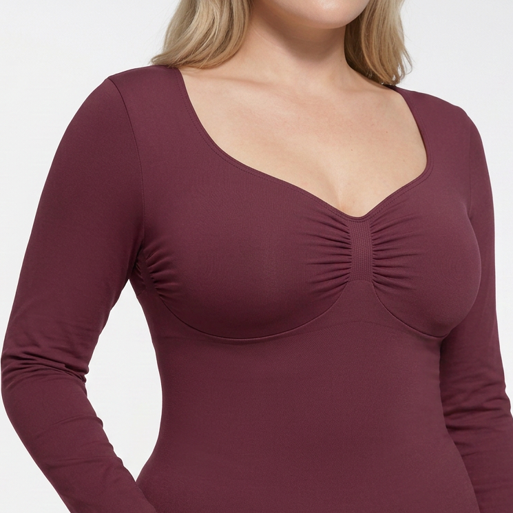 Seamless Shaping Top with Long Sleeves, BURGUNDY 3XL