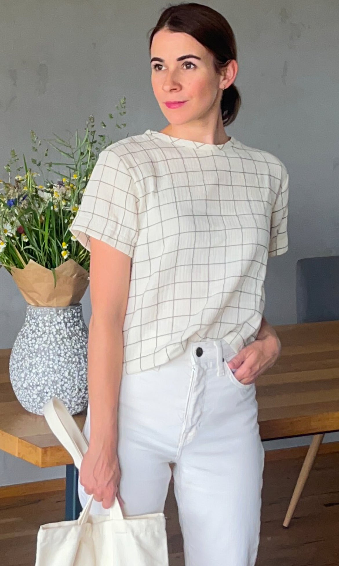 Beige Muslin Check T-Shirt Size: XS