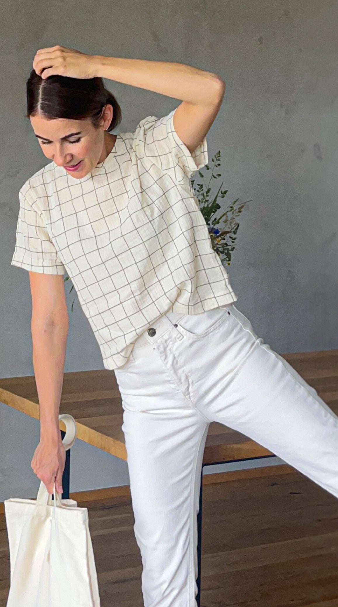 Beige Muslin Check T-Shirt Size: L