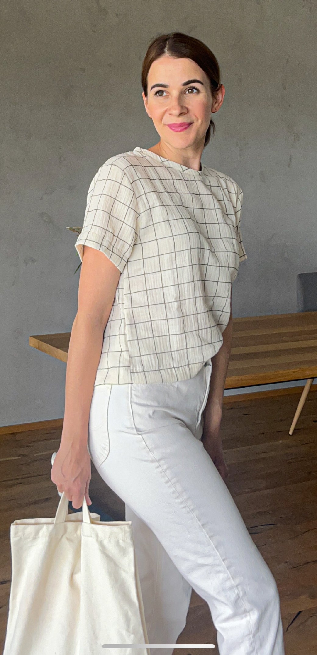 Beige Muslin Check T-Shirt Size: XS