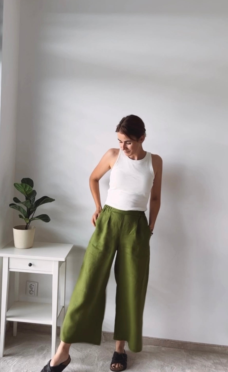 Annie Linen Wide Pants Moss Length: Extended Length, Size: L