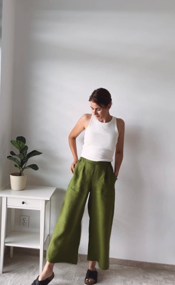 Annie lněné široké kalhoty mechová Délka: Cullotes, Velikost: XL