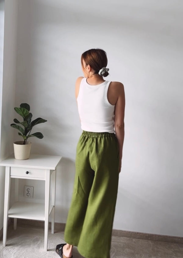 Annie lněné široké kalhoty mechová Délka: Prodloužená délka, Velikost: XL