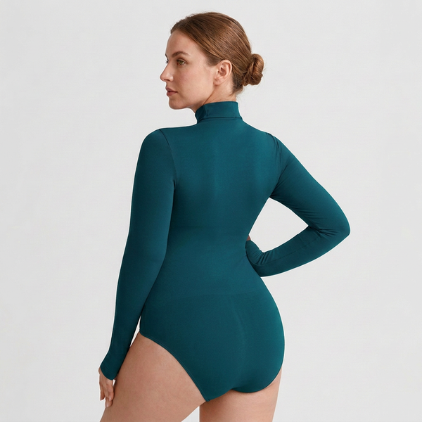 Shaping bodysuit with long sleeves, turtleneck, and classic panty cut, PETROLEUM M/L