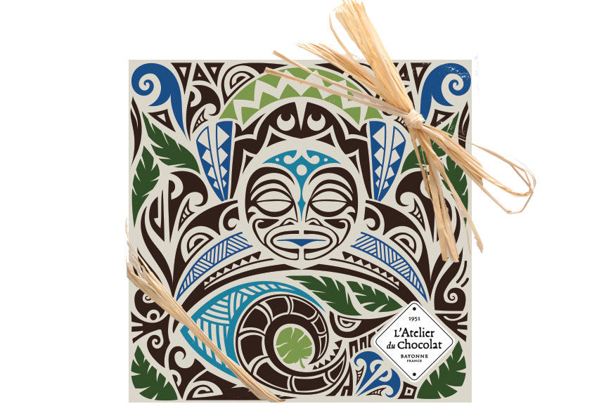 Dark chocolate square with Maori patterns