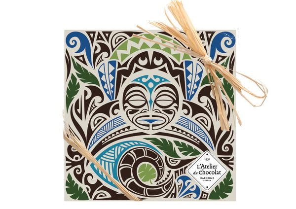 Dark chocolate square with Maori patterns