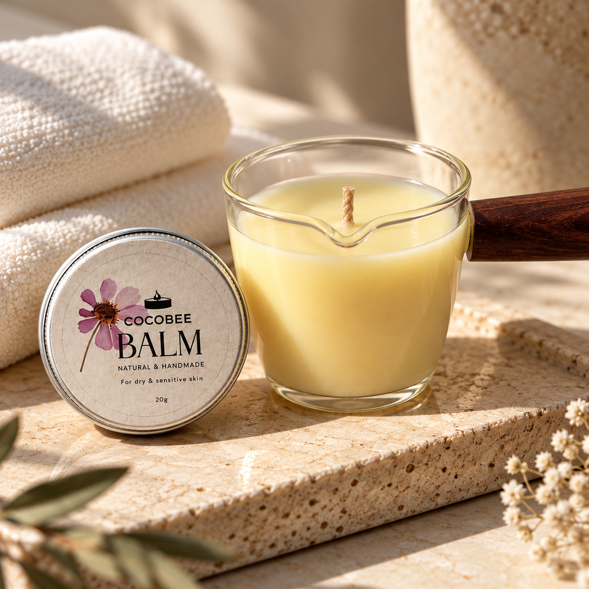 CocoBee Massage Candle and Body Balm beside a folded towel