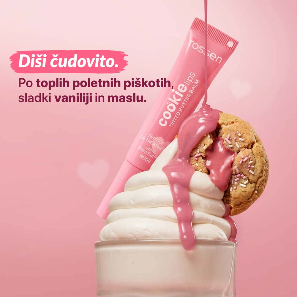Advertisement for a pink Cookie Balm: a pink tube pours pink glaze onto vanilla soft-serve with a cookie, set against a pink background.