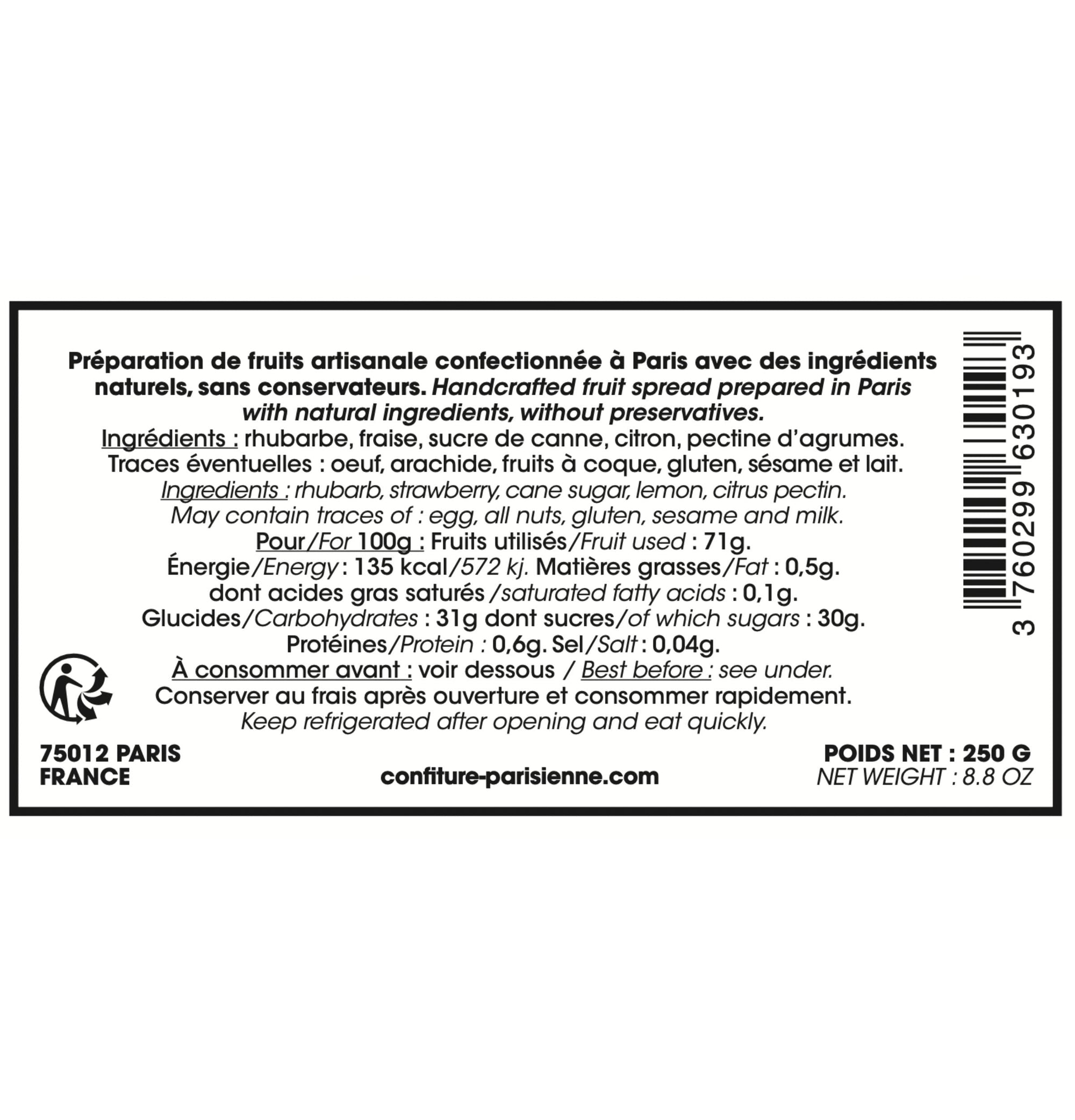 Confiture Parisienne - Fraise Rhubarbe - 250G