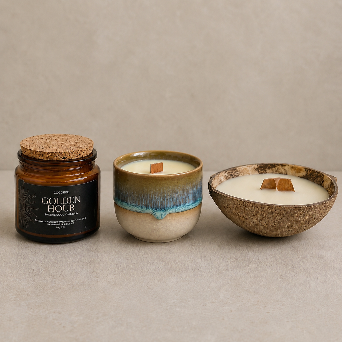 CocoBee Woodfire Collection with Sunset Ritual, Coffee Candle and Coconut Candle