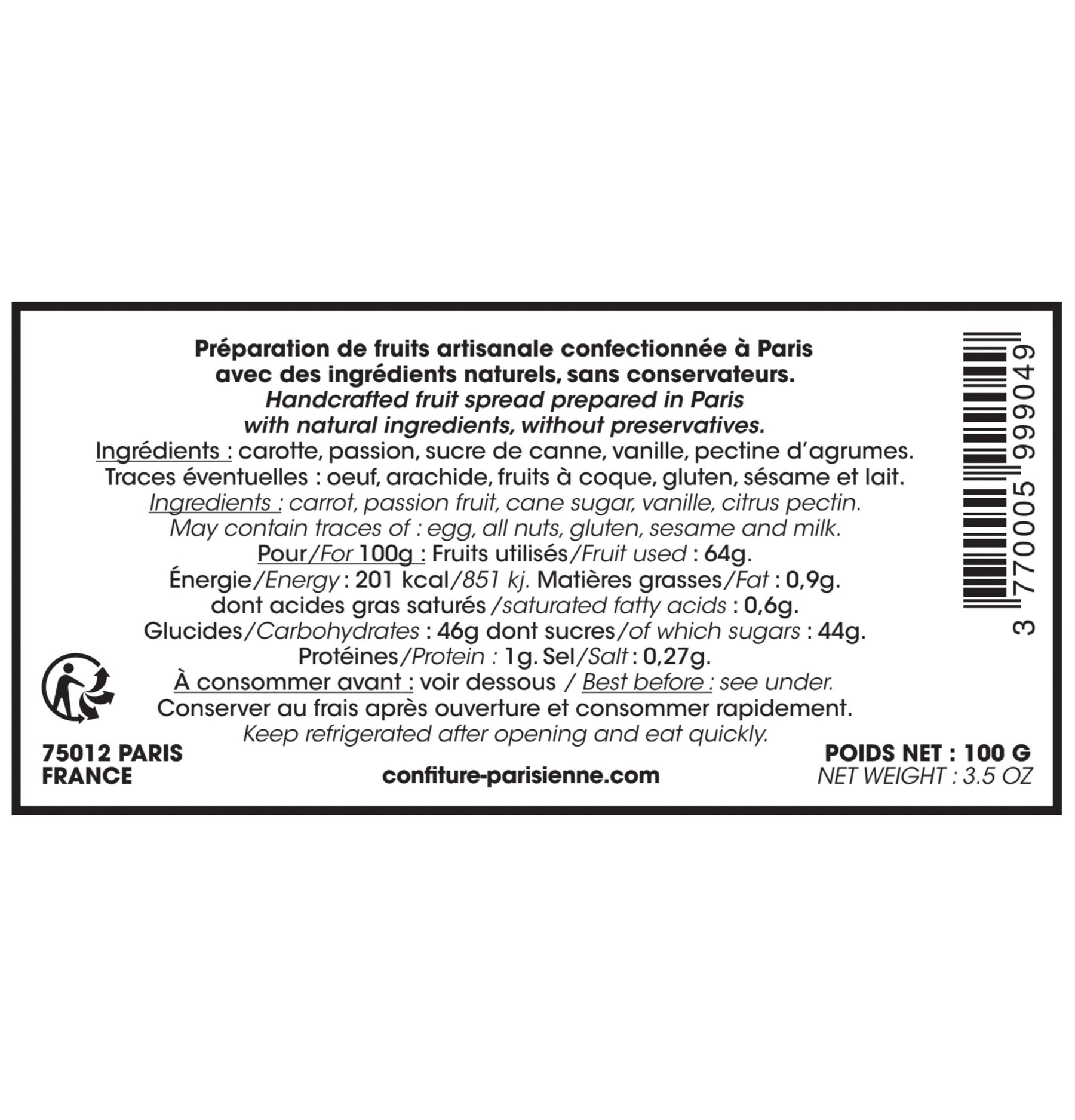 Confiture Parisienne - Carotte Passion Vanille