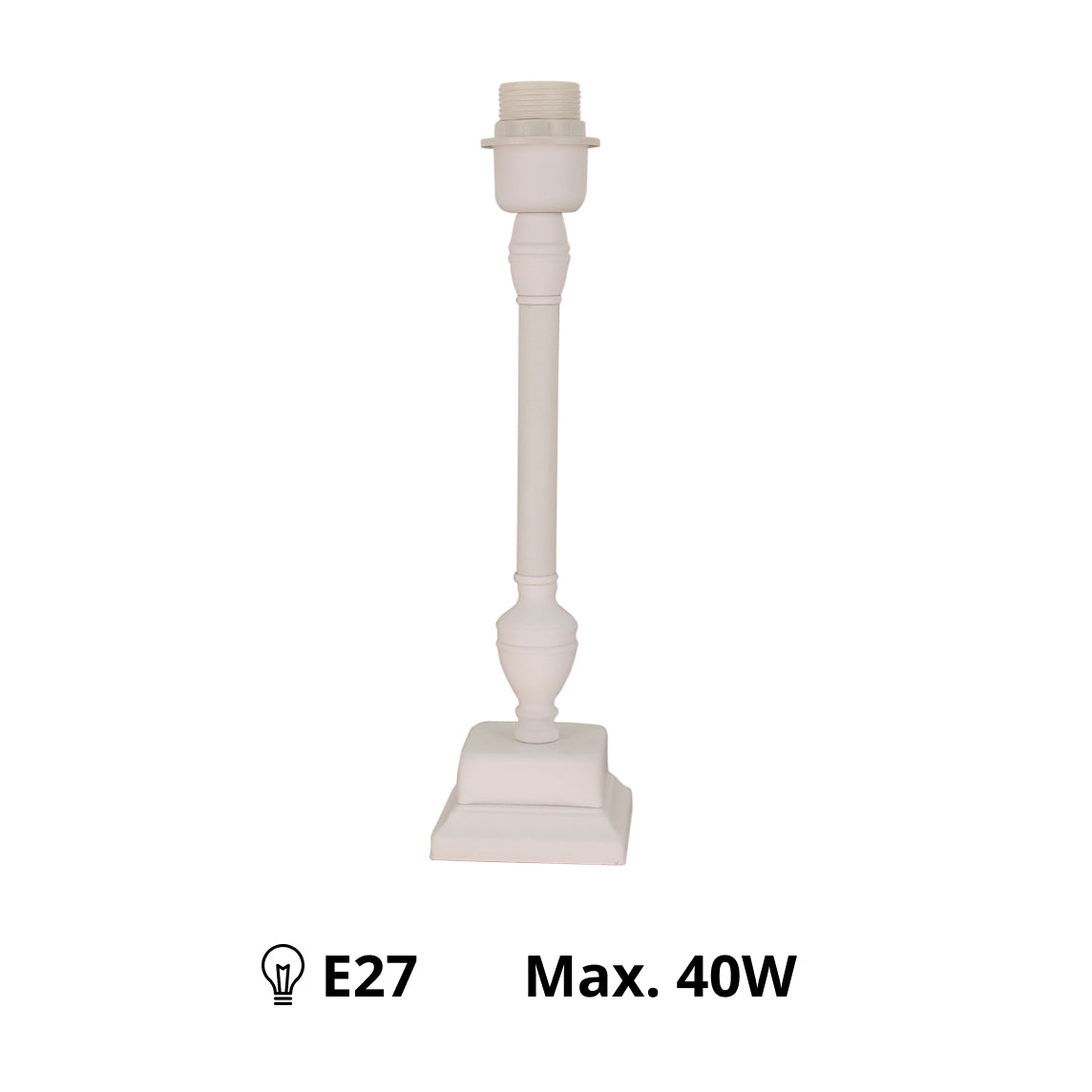 Seitenansicht des weißen Metall-Lampenfußes mit E27-Fassung.