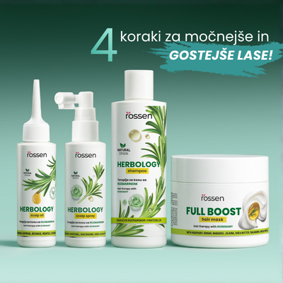 Promotional banner showing Rosssen Herbology hair care lineup—scalp oil, scalp spray, shampoo, and full boost hair mask—against a green gradient background. Text reads '4 koraki za močnejše in gostejše lase!'.