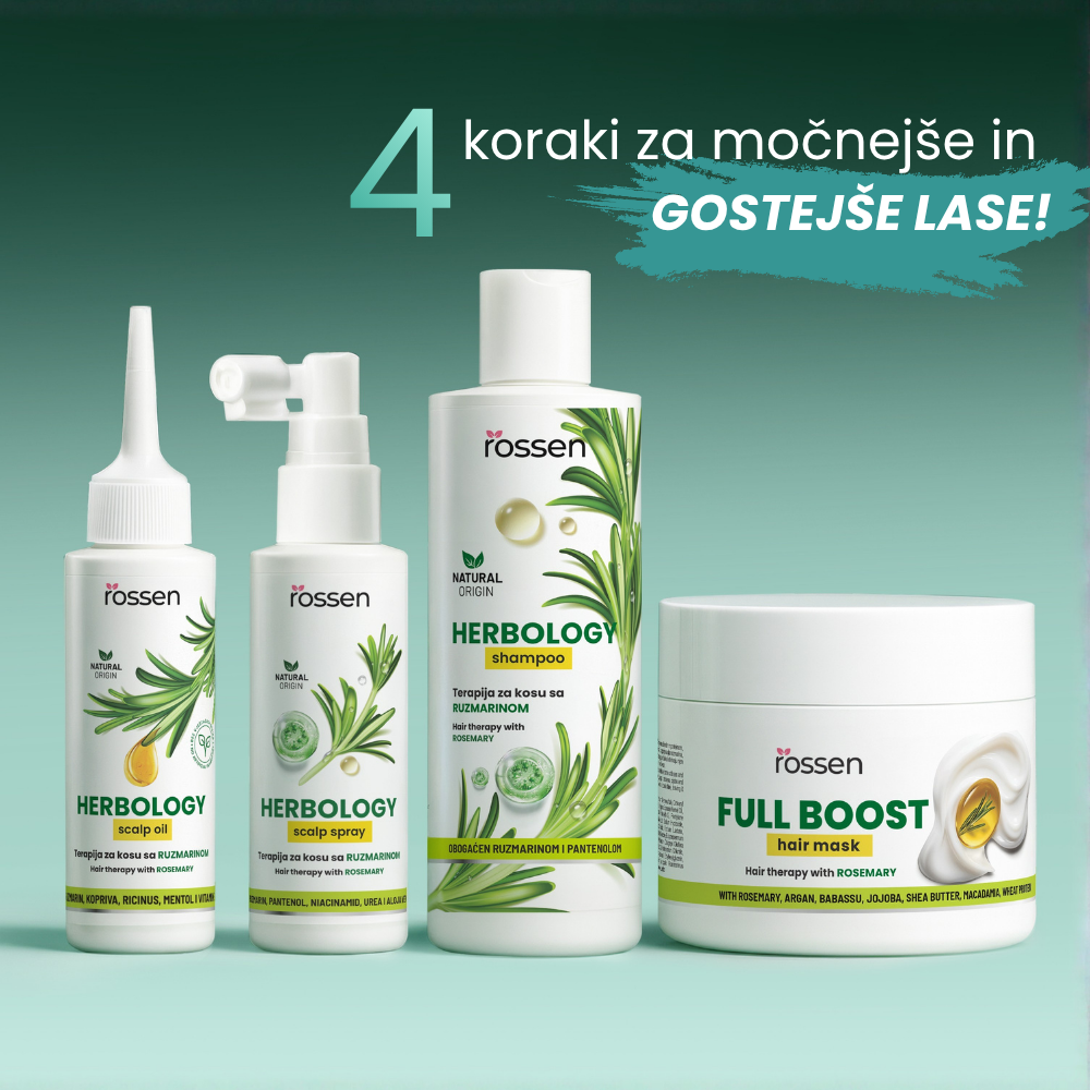 Promotional banner showing Rosssen Herbology hair care lineup—scalp oil, scalp spray, shampoo, and full boost hair mask—against a green gradient background. Text reads '4 koraki za močnejše in gostejše lase!'.
