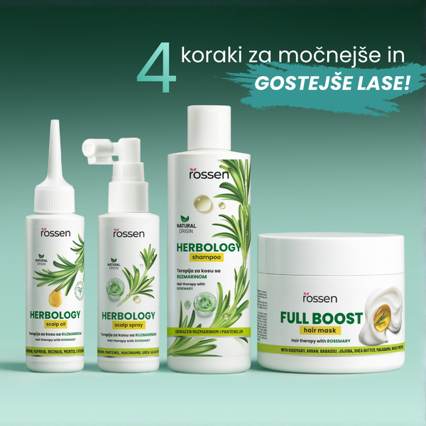 Promotional banner showing Rosssen Herbology hair care lineup—scalp oil, scalp spray, shampoo, and full boost hair mask—against a green gradient background. Text reads '4 koraki za močnejše in gostejše lase!'.