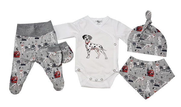 4-piece set for newborns - Gray dalmatian + gloves as a gift