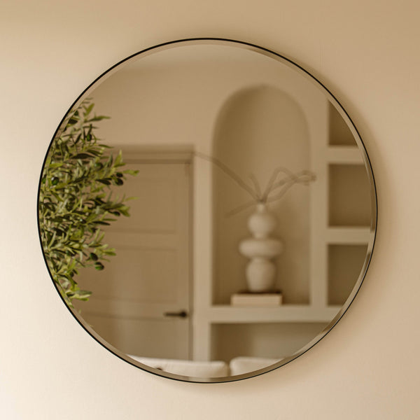 Indore Home - Round Wall Mirror Black – Mirror with Faceted Edge – 80 cm