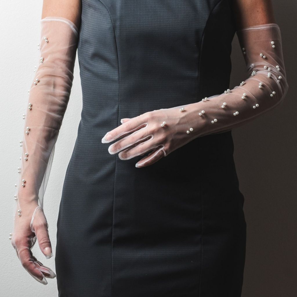 Textile Evening Long Gloves with Pearls