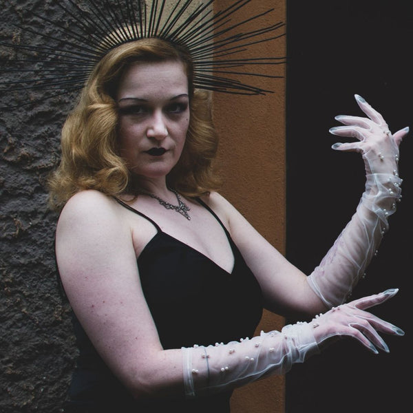 Textile Evening Long Gloves with Pearls