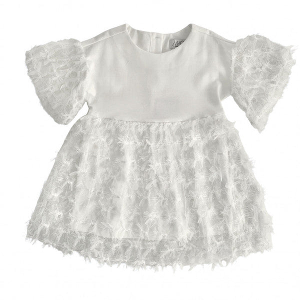 VESTIDO DE PUNTADA MILANO Y FALDA DE TUL CON LAZOS