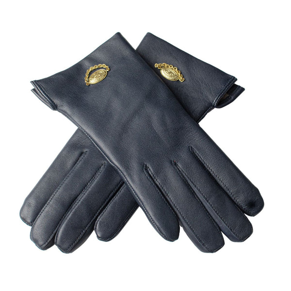 Blue Leather Gloves with Metal Decoration