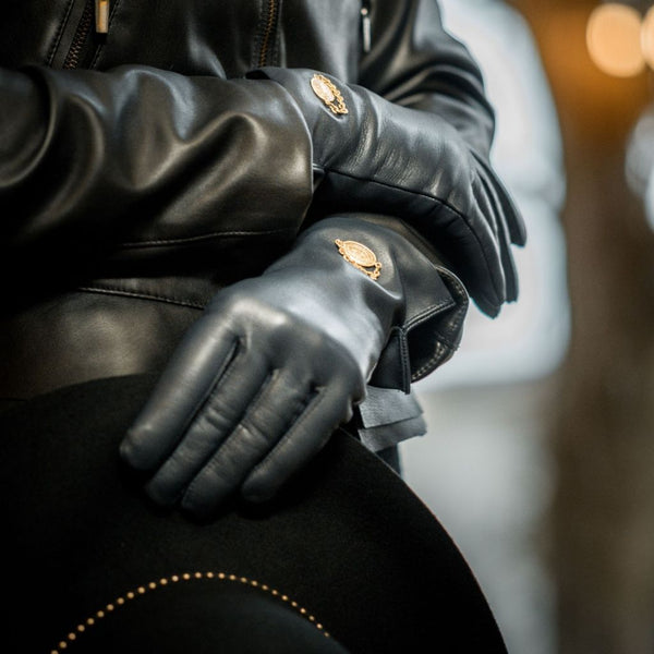 Blue Leather Gloves with Metal Decoration