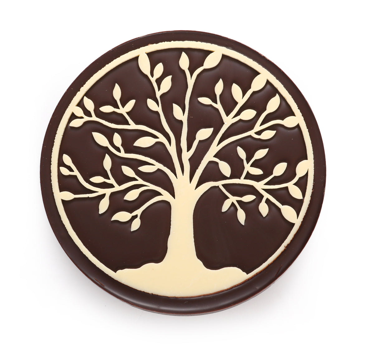 Dark chocolate square with olive tree · Artisan chocolate