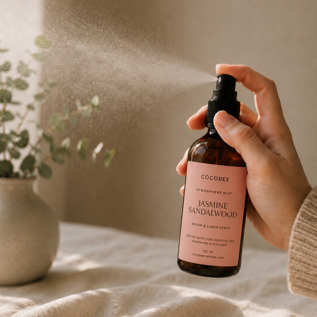 Hand spraying CocoBee Jasmine Sandalwood Atmosphere Mist