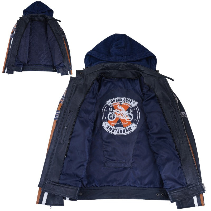 Fifty Eight Leather Men's Motorcycle Jacket - Navy Blue
