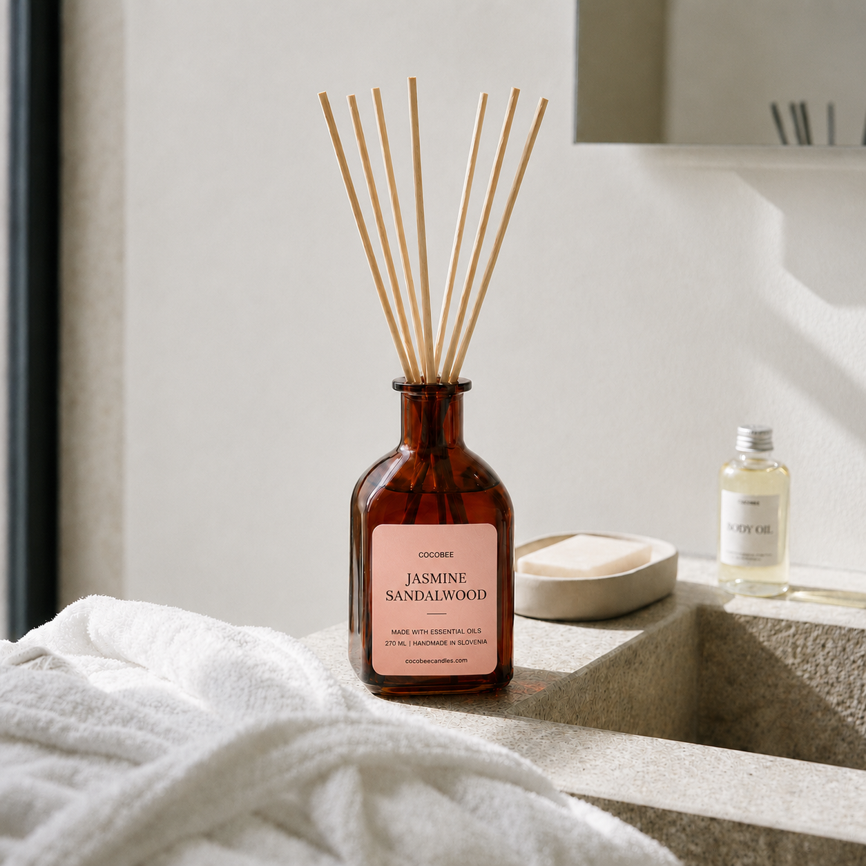 CocoBee reed diffuser styled in a bright home interior