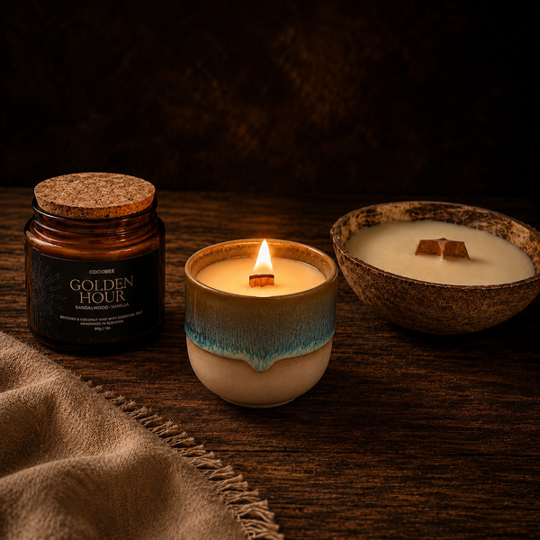 A cozy candle arrangement on a dark wooden surface: an amber glass jar labeled 'Golden Hour' with a cork lid, a lit ceramic candle in a beige and teal glazed holder, and a white candle in a rustic bowl with wooden wicks. A beige cloth is draped in the foreground.