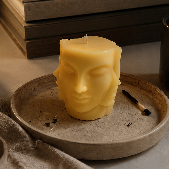 Unlit Inner Light face-shaped beeswax candle by CocoBee