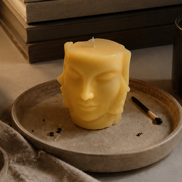 Unlit Inner Light face-shaped beeswax candle by CocoBee